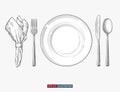 Hand drawn plate, napkin, fork and knife. Engraved style vector illustration. Royalty Free Stock Photo