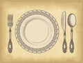 Hand drawn plate spoons, forks and knifes on old craft paper texture background.