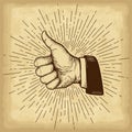 Hand drawn hand gesture. Thumb up on old craft paper texture background. Linear vintage style sun rays. Royalty Free Stock Photo