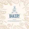 Bakery background. Hand drawn bread and pastry collection. Editable mask. Bakery shop logo. Royalty Free Stock Photo