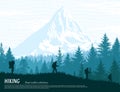 Abstract background. Forest wilderness landscape. People with backpacks silhouettes. Template for your design works.