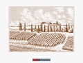 Hand drawn landscape. Antique house, garden, vineyard, mountain background. Template for your design works.