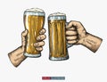 Hands holding and clinking beer glasses. Engraved style. Hand drawn vector illustration. Royalty Free Stock Photo