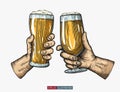Hands holding and clinking beer glasses. Engraved style. Hand drawn vector illustration.