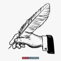 Hand drawn hands holding feather. Template for your design works. Royalty Free Stock Photo