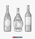 Hand drawn wine bottles set. Engraved style vector illustration. Royalty Free Stock Photo