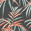 Abstract seamless pattern with green orange palm tropical leaves on black background. Hand draw illustration.