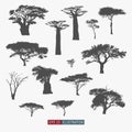 African tree isolated silhouettes set. Baobab, acacia and other. Elements for your design works. Royalty Free Stock Photo