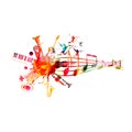 Music instruments background with music staff. Colorful trumpet, saxophone, double bell euphonium, piano keyboard, euphonium, guit