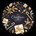 Wreath with gold and silver Christmas tree, berries, decoration, ribbons, gifts and other festive elements on black background.