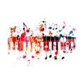 Colorful piano keys with music notes isolated vector illustration design. Music background. Piano keyboard poster with music notes Royalty Free Stock Photo