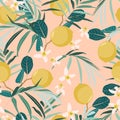 Seamless citrus pattern with palm leves. Hand drawn illustration with lemons. Template for print.
