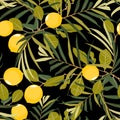 Seamless citrus pattern with palm leves. Hand drawn illustration with lemons. Template for print, textile.