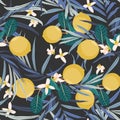 Seamless citrus pattern with palm leves. Hand drawn illustration with lemons. Template for print, textile.