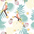 Trendy pattern with parrots, tropical leaves, flowers and exotic fruits. Vintager seamless texture.