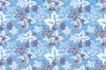 Art floral vector seamless pattern. Blooming scented tobacco with blue flowers and white leaves.