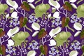 Art floral vector seamless pattern. Green, purple garden mallow flowers, blue gillyflower, branches with brown leaves isolated on