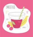 Vector card with a recipe of a sweet smoothie made of banana and cherry. Royalty Free Stock Photo