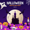 Happy Halloween banner or party invitation background with night clouds and pumpkins in paper cut style. Vector illustration. Full Royalty Free Stock Photo