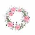 Pink roses card, wreath of flowers. Round frame with eucaliptus, berries and herbs, vintage background. Royalty Free Stock Photo