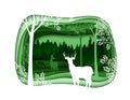 Forest wilderness landscape. Deer family silhouettes. Abstract 3D background. Paper cut shapes. Template for your design works. Royalty Free Stock Photo