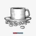 Hand drawn coffee cup with beans. Engraved style vector illustration. Royalty Free Stock Photo