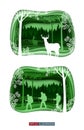 Set of abstract backgrounds. Forest wilderness landscape. Deer family silhouettes. People with backpacks silhouettes.