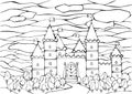 Line drawing old castle with bridge, forest and road on white isolated background. For coloring book pages.