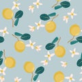 Seamless citrus pattern with palm flowers on blue background. Hand drawn illustration with lemons.