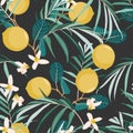 Seamless citrus vintage pattern with palm leves on black background. Hand drawn illustration with lemons.