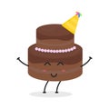Cute flat cartoon birthday cake illustration. Vector illustration of cute birthday cake with a smiling expression. Cute cake masco