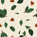 Tropical ficus elastica branches hand drawn seamless pattern. Botanical trendy design in green colors.