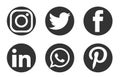 Set of popular social media logos web internet icons black Instagram, Facebook, Twitter, Youtube, WhatsApp, pinterest, linkedin