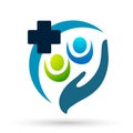 Medical health care hands happiness wellness clinic protect people life care healthy family logo design