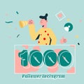Celebrate of 1000 follower instagram, social media like thanks success for follower flat design illustration