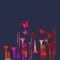 Music festival poster with trumpet and trombone vector illustration. Music background with colorful music instruments, live concer