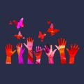 Colorful human hands raised vector illustration. Charity and help, volunteerism, social care and community support concep