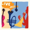 Jazz music festival poster with trumpet and violoncello flat vector illustration. Colorful music background with music instruments