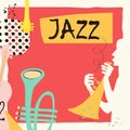 Jazz music festival poster with trumpet and violoncello flat vector illustration. Colorful music background with music instruments