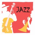 Jazz music festival poster with trumpet and contrabass flat vector illustration. Music background with music instruments, music fe Royalty Free Stock Photo