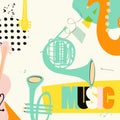 Music festival poster with trumpet, french horn, saxophone, violoncello flat vector illustration. Music background with music inst