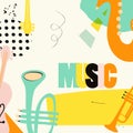 Music festival poster with trumpet, french horn, saxophone, violoncello flat vector illustration. Music background with music inst