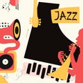 Jazz music festival poster with trumpet, piano and gramophone flat vector illustration. Colorful music background with music instr Royalty Free Stock Photo