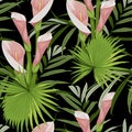 Illustration with pink ex0tic flowers. Beautiful seamless background with tropical plants on black. Royalty Free Stock Photo