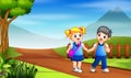 A young boy and girl going to the school