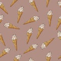 Seamless summer pattern. Yummy and colorful ice-creams in waffle cone on pale pink background.