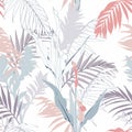 Creative universal floral background in tropical style. Hand Drawn textures. Tropical line leaves and flowers in pastel colors Royalty Free Stock Photo