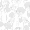 Line garden tulips flower illustration. Grey white line seamless pattern.