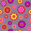 Beautiful vibrant seamless pattern with violet, yellow and red flowers