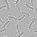 Line drawing branches with white leaves on light gray background. Seamless decorative floral pattern.